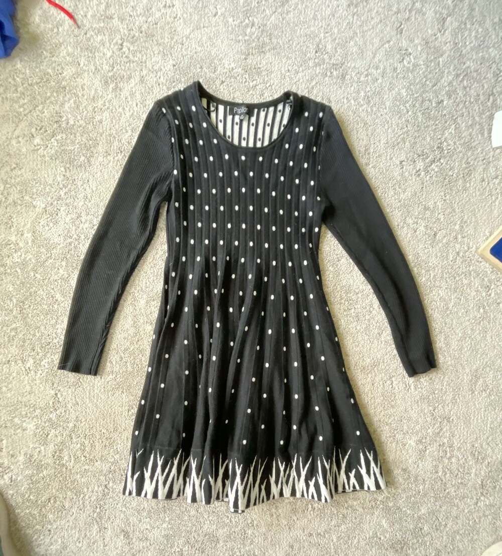 Papillon Women's Long Sleeve Ribbed Knit Sweater Dress with Polka Dot Pattern